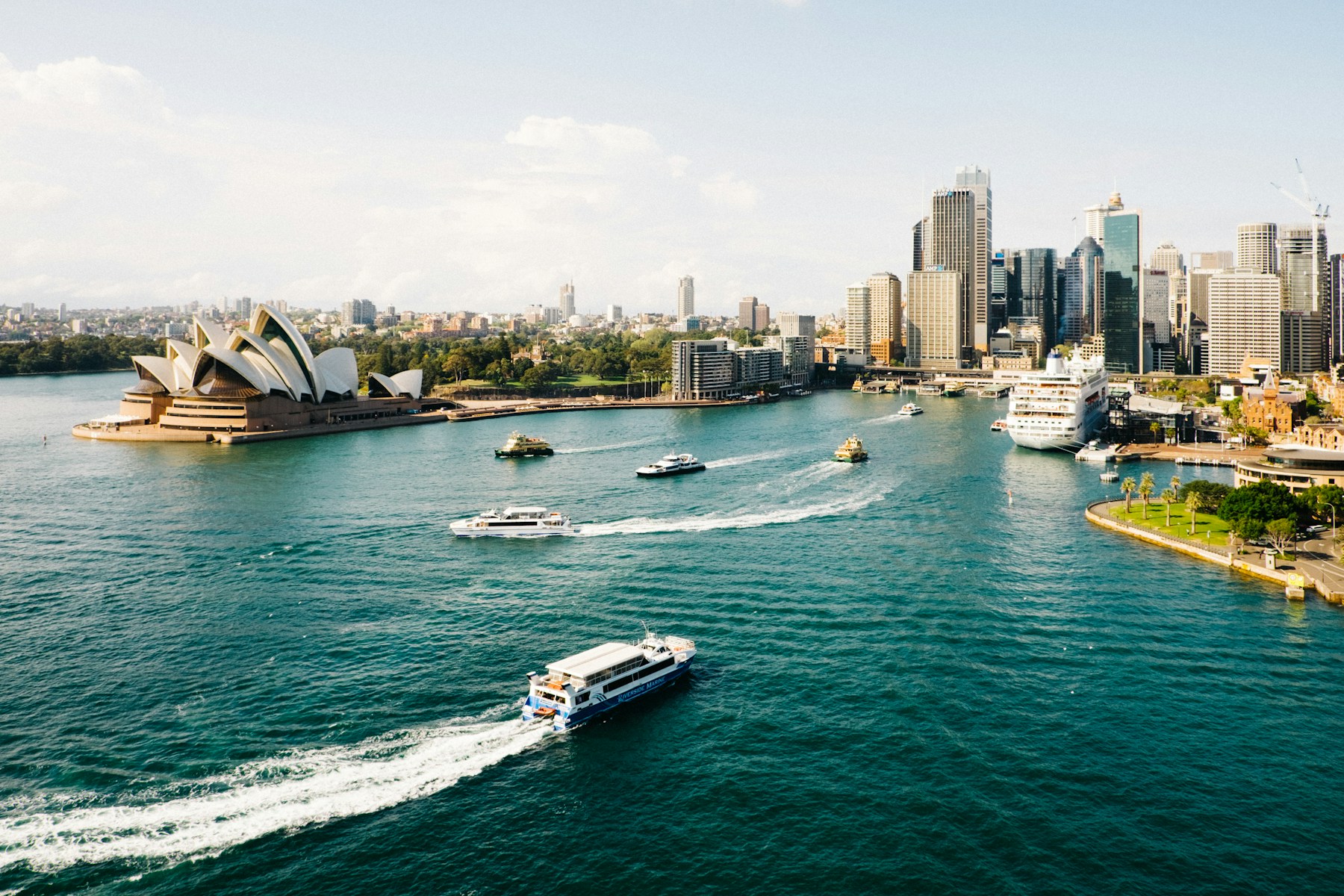 Sydney Harbour with the Opera House, city skyline and ferries